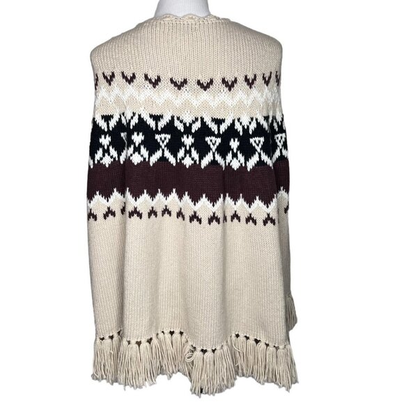 Moda Intl Wool Blend Fair Isle Poncho Shawl Wrap Fringes Size S Beige Black Boho - Picture 4 of 15